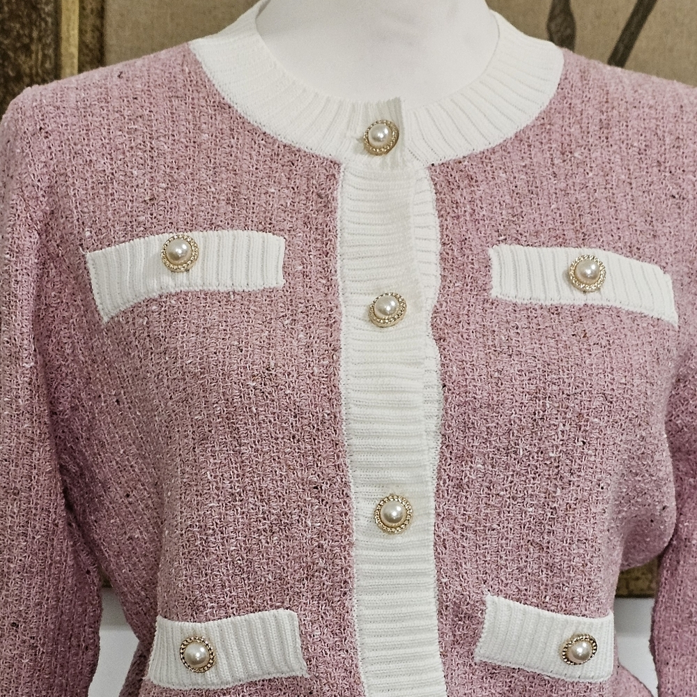 Pink Pearl Button Cardigan Coquette Preppy Old Money Knit Sweater - Picture 11 of 12